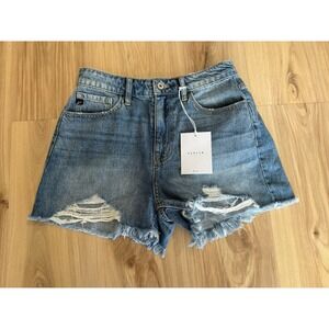 Kancan Shorts Womens 7/27 Blue High Rise Frayed Hem Distressed Denim‎ Preppy NEW